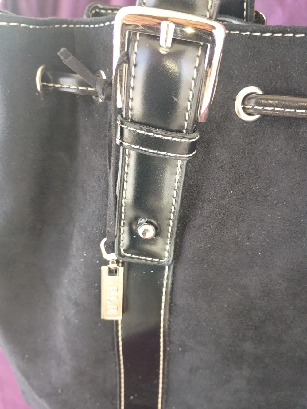 Ralph Lauren Black Suede Drawstring Tote with Leather Trim